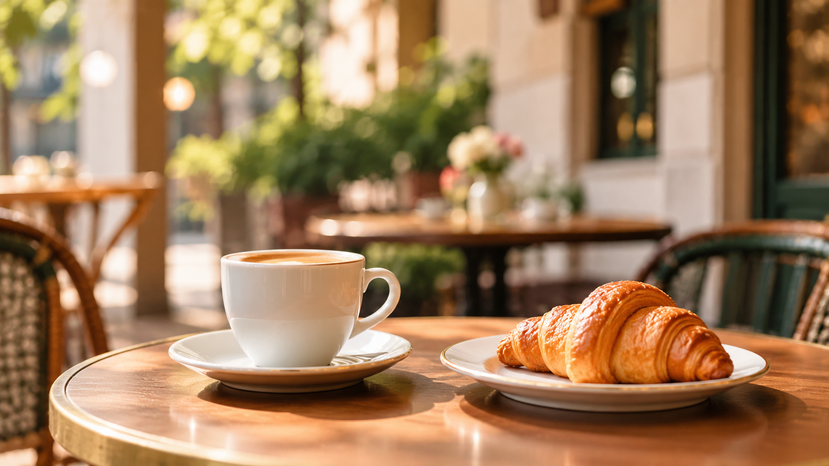 French café with coffee and croissant in Paris