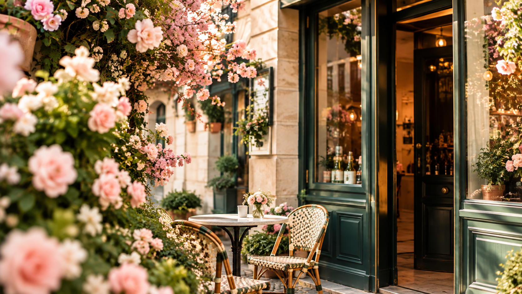 Parisian café storefront with pink flowers