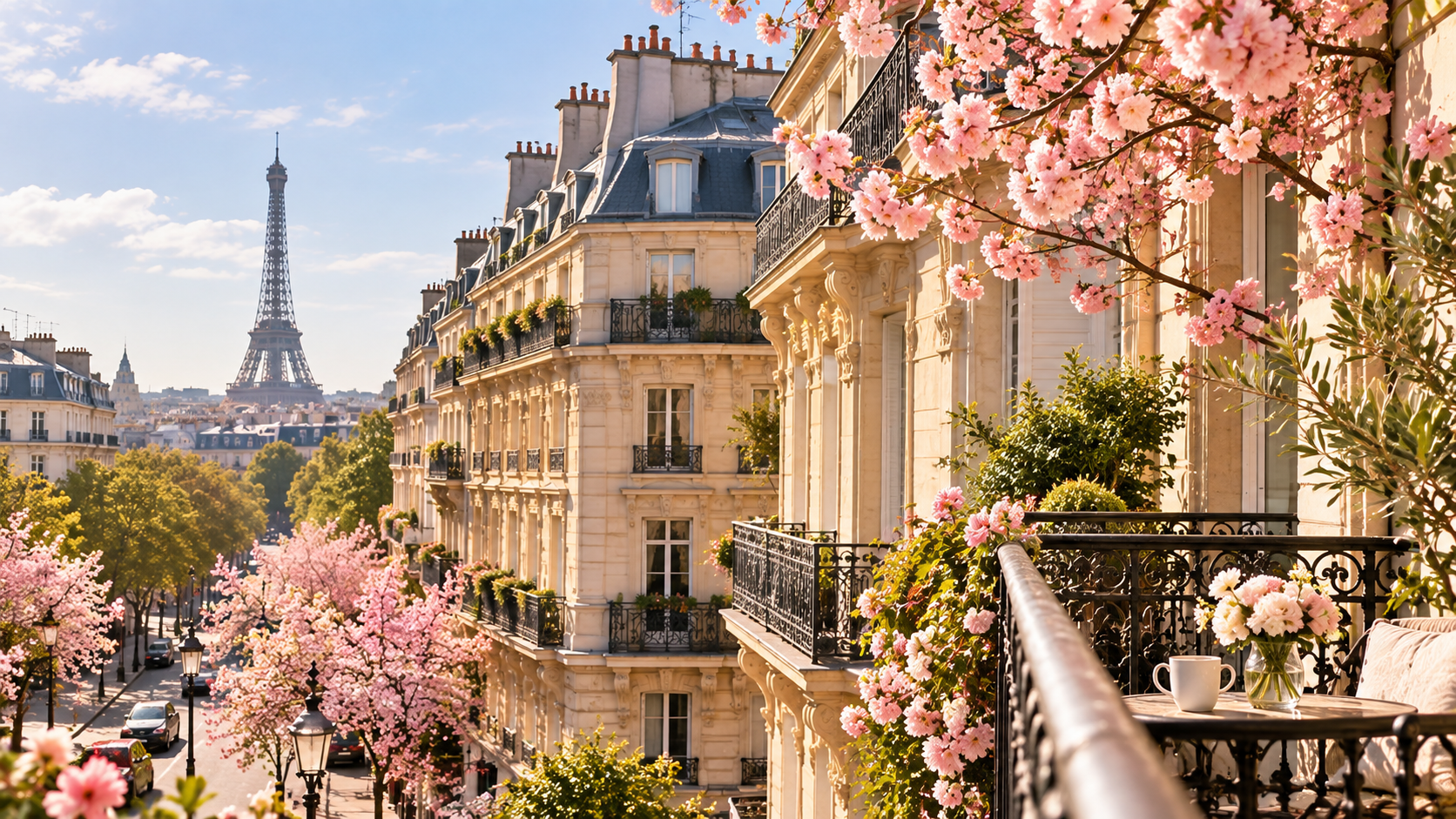 Parisian street with spring blossoms